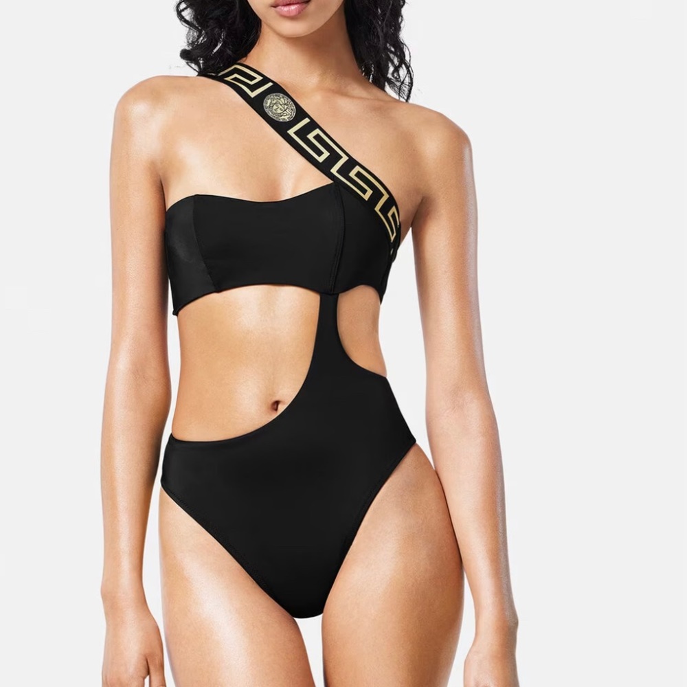 Versace Black One-Shoulder Cutout One-Piece Swimsuit with Gold Trim